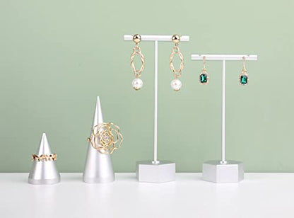 Metal 2pcs Earring T Stand Silver Retail Display Holder for Show, White T Bar Jewelry for Online Store Photography 【Silver-Hexagon Base 2pcs Height 4.5" and 5.3"】 - color: C1/Silver Hexagon Base 2pcs Height 4.5" and 5.3"
