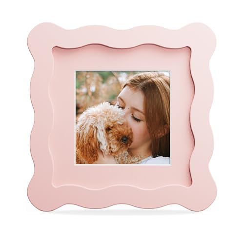 4x4 Picture Frame with Mat for 3x3, Wavy Edge Wooden Real Glass Photo Frame for Tabletop and Wall Hanging, Pink, 1 Pack - color: Pink, size: 4x4 in