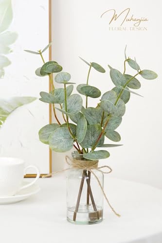 Muhanjia Artificial Eucalyptus Stems in Glass Vase with Faux Water,3Pcs Fake Plant with Double-Sided Green Leaves for Centerpiece(Double-Sided Green Eucalyptus)