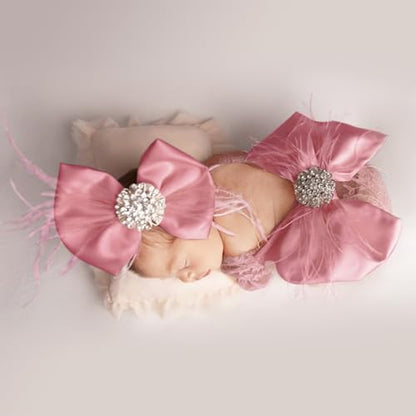 ForBaysy Newborn Photography Props Girls Outfit Feather Bow Lace Romper Newborn Dress - color: Dustpink