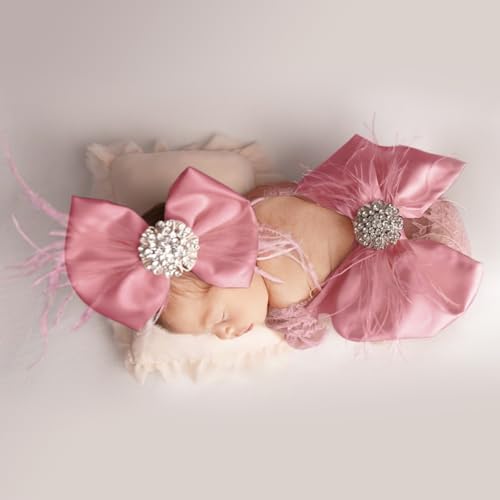 ForBaysy Newborn Photography Props Girls Outfit Feather Bow Lace Romper Newborn Dress - color: Dustpink