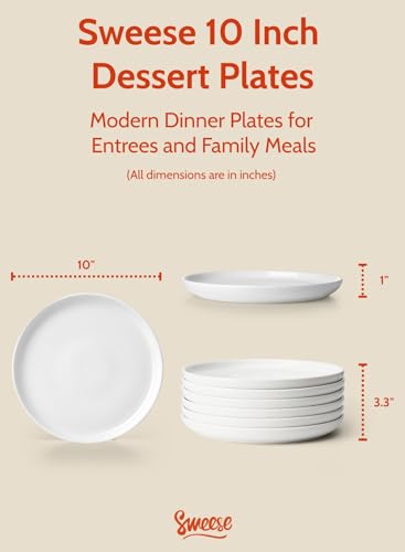 Sweese 10 Inch Porcelain Dinner Plates, White, Set of 6 - Microwave, Oven, Dishwasher Safe, Scratch-Resistant - color: White, size: 10 Inch