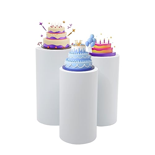 3 Pcs Cylinder Pedestal Stands for Party, Large White Round Cake Pedestal Stand, Display Plinth Pillars for Wedding Ceremony Birthday Party Art Decor 23.6''(L), 21.6''(M), 19.6''(S)