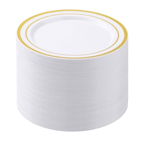 BESTSTAR 100PCS White Plastic Plates for Party, 10.25 Inch Disposable Plates with Gold Rim, Heavy Duty Dinner Plates for Party, Wedding and Birthday - color: White Gold, size: 10.25 inch