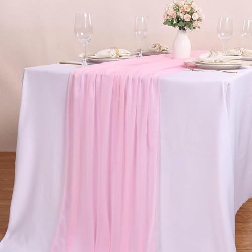4 Pcs 10FT Blushing Pink Chiffon Table Runners 30x120 Inches Spring Boho Rustic Tulle Sheer Table Runner for Wedding Bridal Baby Shower Birthday Party Decorations - color: Blushing Pink, size: 10FT × 4pcs