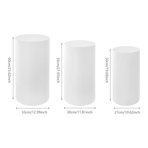 3 Pcs Cylinder Stands, Large White Cake Pedestal Tables(50cm, 55cm, 60cm), Round Reusable Dessert Display Plinth Pillars for Party Weddings or Banquets - size: 23.6''(l),21.6''(m),19.7''(s)