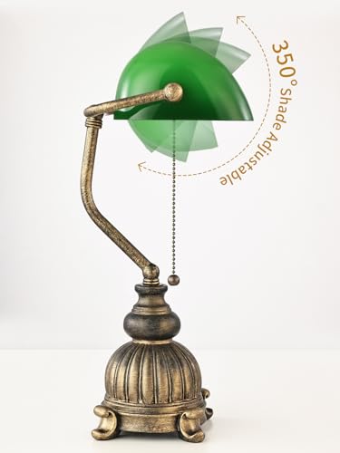 Retro Green Glass Bankers Desk Lamp for Home Office,Library with Pull Chain Switch Plug in Fixture, LED Bulb Included - color: Antique+Green1