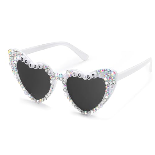 Etercycle Bride Sunglasses For Bachelorette, Heart Glasses Bride To Be Gifts, White Rhinestone Glasses For Bachelorette Party Favors - color: White Diamonds