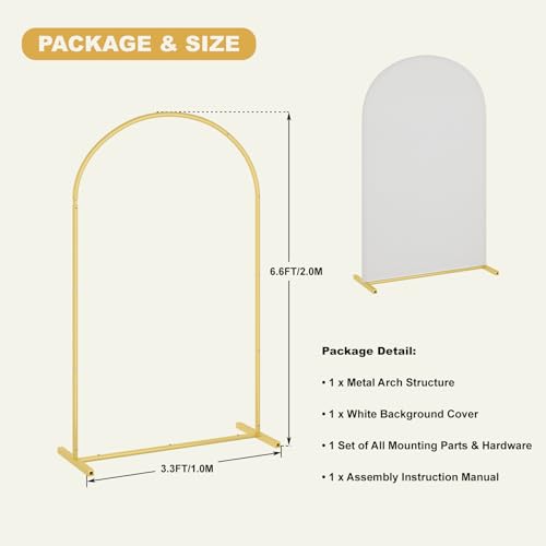 UDEAR 6.6FT Metal Arch Stand with White Cover, Arc Design with Fitted Cover, for Weddings, Parties, Baby Showers, Climbing Plants, Photo Backdrops - color: Gold with White Cover, size: 6.6FT