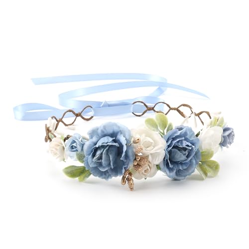 Flower Girl Flower Crown Pink Baby Girls Floral Headpieces Kids Headband Children Hair Wreath Photo Prop (Dusty Blue-Child Size) - color: Dusty Blue