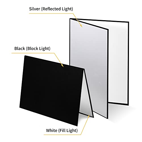 Meking 12" x 8" Light Reflector, 3 in 1 Photography Reflector Cardboard, Folding Light Diffuser Board for Food and Product Photography Lighting- Black, Silver and White - size: 1Pcs A4 Black Silver White