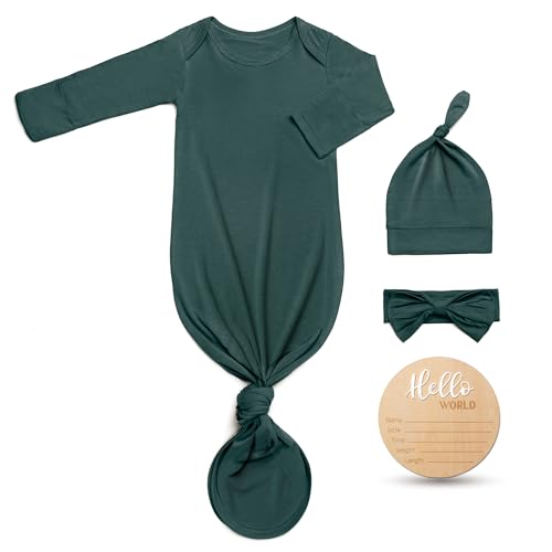 Hello World Newborn Outfit Knotted Gown 0-3 Months, Baby Girl Boy Coming Home Sleeper with Sign - color: Forst Green, size: Newborn