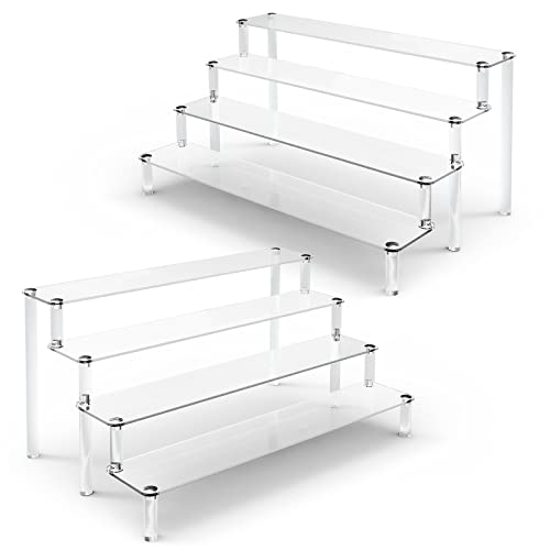 KALYLOC 2Pcs Acrylic Riser Shelf Display Stand, 4 Tier Clear Display Shelf Action Figures Holder, Collectibles Shelf for Toys Cupcakes Dessert Jewels Figurines(15.7x10.5x7.5inch)