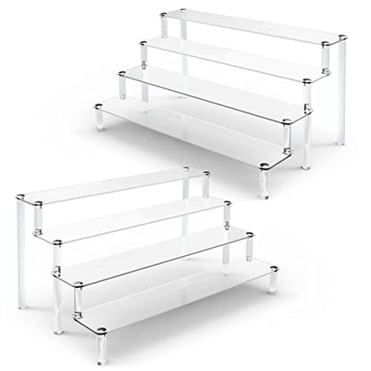 KALYLOC 2Pcs Acrylic Riser Shelf Display Stand, 4 Tier Clear Display Shelf Action Figures Holder, Collectibles Shelf for Toys Cupcakes Dessert Jewels Figurines(15.7x10.5x7.5inch)