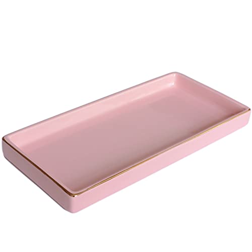 10 x 5 Ceramic Bathroom Tray for Countertop, Decorative Vanity Tray for Dresser Tops, Small Rectangular Trays for Perfume, Candle, Jewelry, Cosmetics (Pink) - color: Pink
