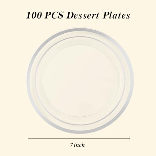 BESTSTAR 7 Inch Clear with Silver Rim Plastic Plates,100PCS Disposable Dessert/Appetizer/Small Cake Plates,Heavy Duty Plate Ideal for Wedding and Birthday Party - color: Clear Silver, size: 7 inch
