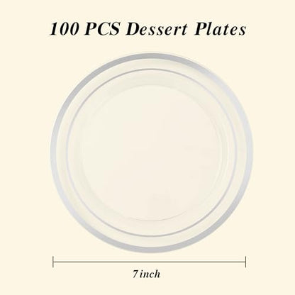 BESTSTAR 7 Inch Clear with Silver Rim Plastic Plates,100PCS Disposable Dessert/Appetizer/Small Cake Plates,Heavy Duty Plate Ideal for Wedding and Birthday Party - color: Clear Silver, size: 7 inch