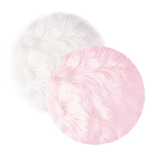 2Pack 12’’ Small Faux Fur Cushion Fluffy Plush Area Rug, Small Product Photo Background & Luxury Photo Props, Great for Tabletop Photography, Jewelry, Nail Art, Home Decor (Round, White + Pink) - color: Round, White + Pink