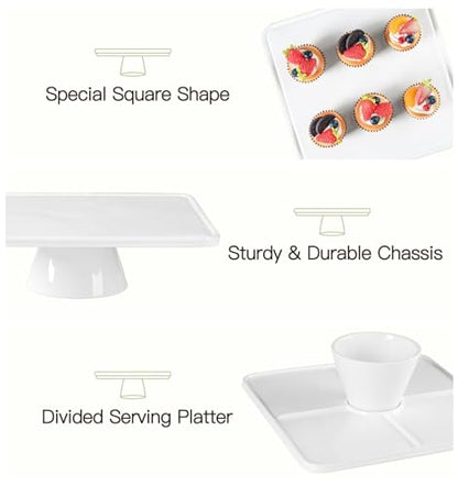 12.5" Square Ceramic Cake Stand 5-in-1 - White Pedestal Serving Platter for Wedding Birthday Party Baby Shower, Dessert Cupcake Fruit Display Stand, Multifunctional Kitchen Centerpiece - size: 12.5" x 12.5" x 3.7"