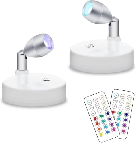 KINDEEP RGB Wireless LED Spotlight, Battery Operated Accent Lights, Indoor Mini Puck Light, Dimmable Uplight with Remote, 4000K Warm White, Stick on Wall Light with Rotatable Head, White, 2 Pack - color: White, size: 2 Pack