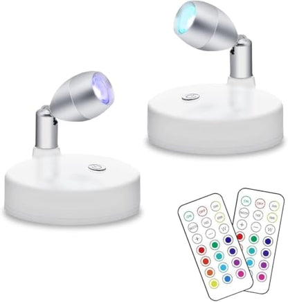 KINDEEP RGB Wireless LED Spotlight, Battery Operated Accent Lights, Indoor Mini Puck Light, Dimmable Uplight with Remote, 4000K Warm White, Stick on Wall Light with Rotatable Head, White, 2 Pack - color: White, size: 2 Pack