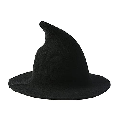Halloween Witch Hat for Women Wide Brim Foldable Wizard Hat Wool Knit Pointed Cap Cosplay Costume Accessory - color: Black