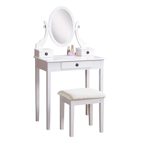 Roundhill Furniture Moniya White Wood Vanity Table and Stool Set (3415WH) Medium - color: White