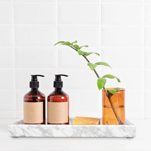 Marble Bathroom Vanity Tray, Natural Luxury Vanity Home Kitchen Bathroom Table Tray, Stone Decorative Countertop Dresser Trays for Key Coffee Perfume Jewelry Makeup (Carrara White, 12"x 8" x1.2") - color: Carrara White, size: 12" x 8" x 1.2"