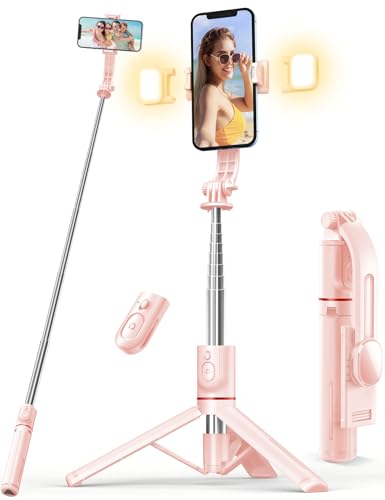Selfie Stick with Light, 45'' Selfie Stick Tripod with Wireless Remote, Portable Travel Phone Tripod Compatible with iPhone 15 Pro Max/15/14 Pro/14/13, Samsung S22/ S23 Ultra/Android Smartphone (Pink) - color: Pink - 45" Standard Height
