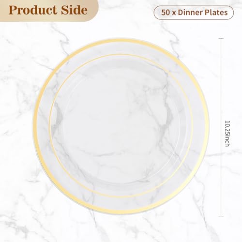 BESTVIP 50PCS Clear Gold Plastic Plates, 10.25 Inch Disposable Dinner Plate Party with Gold Rim, Heavy Duty Disposable Plastic Plates for Christmas, Thanksgiving, Party, Wedding and Birthday - color: Clear Gold, size: 50PC