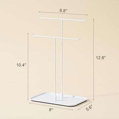 bussdis White Jewelry Organizer Necklace Holder Stand: 2-Tier T-Bar Display with White Metal Tray, Holds Necklaces Bracelets Earrings, Countertop Jewelry Tree  - color: White, size: 12.5" Height