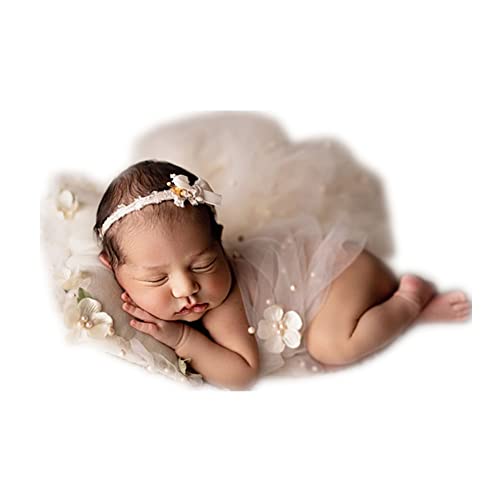 Coberllus Newborn Photography Props Boys Girls Wrap Blanket Baby Photo Shoot Floral Pearl Decorative Mesh Rug Layer Basket Filler (White) - color: White