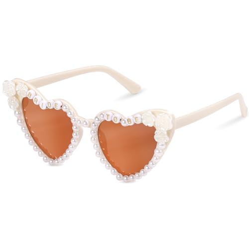 Etercycle Bride Heart Sunglasses, Bachelorette Party Wedding Sunglasses, Bride to Be Gifts Vintage Flower Pearl Heart Glasses Bachelorette Party Accessories - color: Teal Flower
