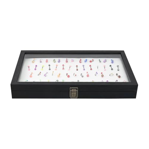 MOOCA Temper Glass Top Jewelry Display Case with Tempered Glass Lid and 54 Clip Body Jewelry Display Pad for Belly Button Rings, Tongue Rings, and Industrial Barbell Organizer, Black Tray-White Pad - color: White Pad with Black Wood Case