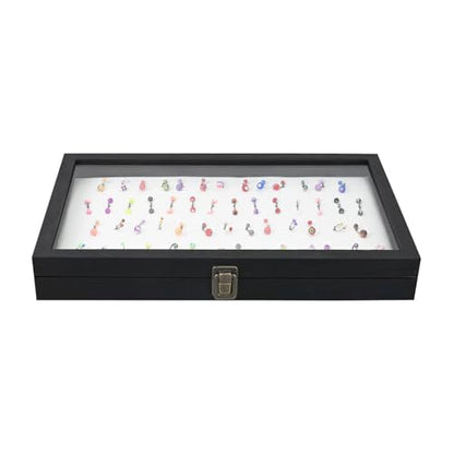 MOOCA Temper Glass Top Jewelry Display Case with Tempered Glass Lid and 54 Clip Body Jewelry Display Pad for Belly Button Rings, Tongue Rings, and Industrial Barbell Organizer, Black Tray-White Pad - color: White Pad with Black Wood Case