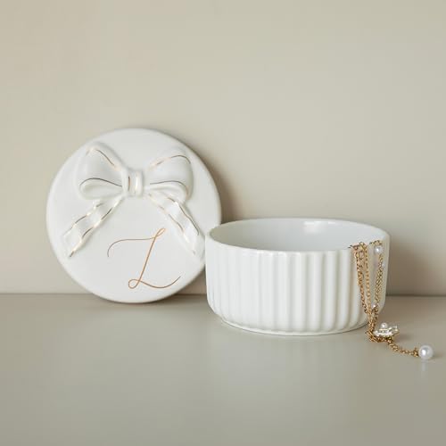 COLLECTIVE HOME Monogram Ceramic Jewelry Box with Bow - Small Trinket Dish, Elegant Wedding，Bridal Shower & Bridesmaid Gifts (L) - color: L