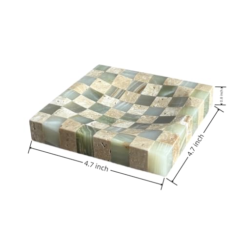 Marble Stone Green Onyx with Travertine Checkerboard Square Small Splicing Mosaic Tray Jewelry Dish (Green and Beige)