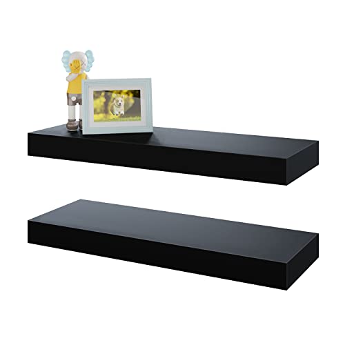 BAMEOS Floating Shelves, Black Wall Mounted Wooden Shelves with Invisible Brackets Set of 2, Hanging Wall Shelves Decoration for Bedroom, Bathroom, Living Room and Kitchen - color: Black, size: 16x6 2Pcs
