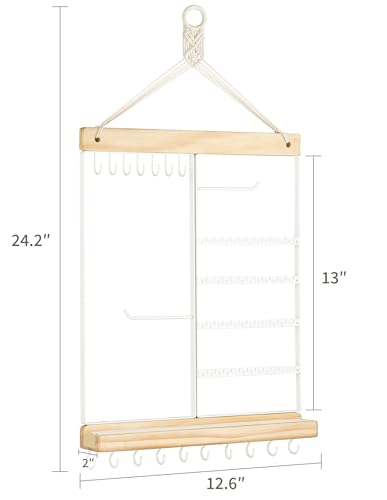 Mkono Hanging Jewelry Organizer Wall Mounted Earring Holder Metal Necklace Holder Wood Shelf with 55 Holes and 7 Hooks Display Rack For Storage Bracelet Rings Ear Studs Accessories Women Bedroom Decor