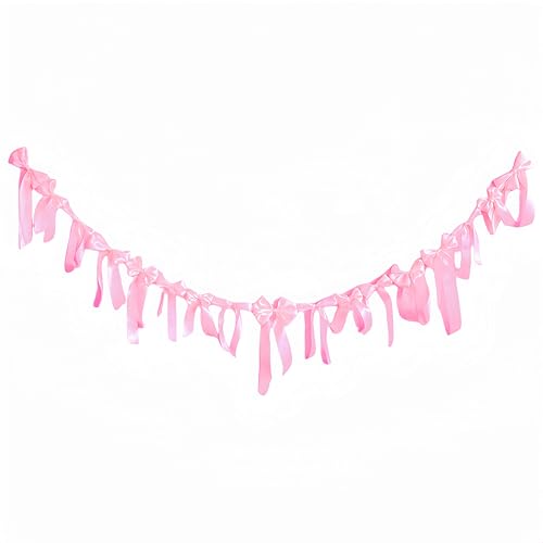 Meseey Pink Satin Bow Garland Banner, Coquette Decor for Bachelorette Party, Bridal Shower Backdrop, Wedding Engagement Birthday Party Supplies, Photo Booth Props, Pink Satin Ribbon Bow Decorationsv - color: Pink