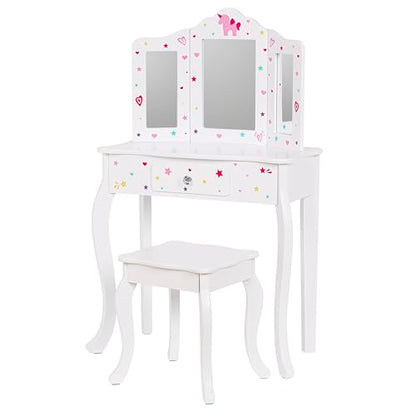 UTEX Kids Vanity Table and Chair Vanity Set with Mirror Makeup Dressing Table with Drawer, Play Vanity Set,White - style: White-Unicorn