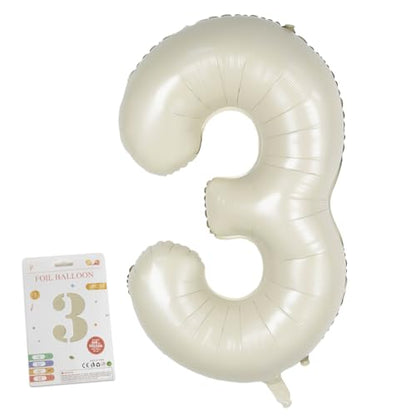 CARGEN 40 Inch Creamy White Number 3 Balloon, Large Beige Foil Mylar Digital 0-9 for Birthday Decorations, Boho Neutral Party Supplies, Wedding Anniversary Photo Props, Helium or Air Fill - style: Number 3
