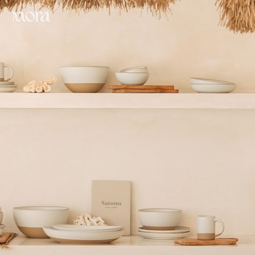 MORA Medium Plates Set of 4, 8.5 inch Ceramic Pottery Salad Plates - Microwave, Oven and Dishwasher Safe - Oat - color: Oat