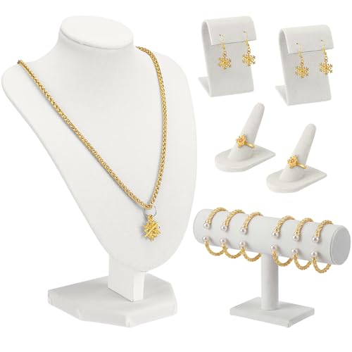 Wenqik Velvet Jewelry Display Set Necklace Mannequin Bust T-Bar Bracelet Holder 2 Earring Stands 2 Ring Holders for Showcase (White) - color: White