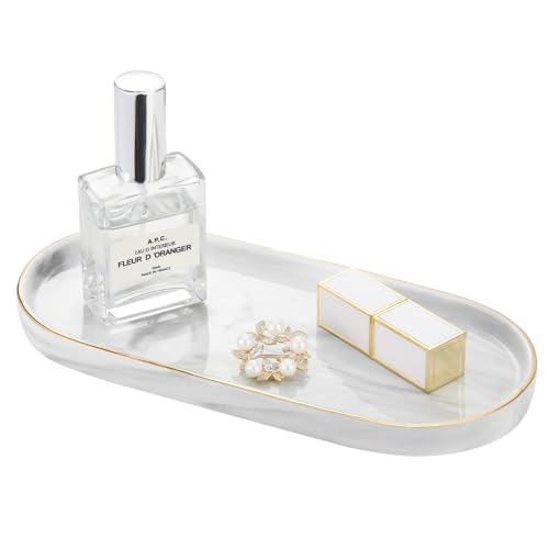Luxspire Bathroom Vanity Tray, Marble Ceramic Dresser Jewelry Dish with Golden Rim, Decorative Tray Countertop Sink Storage Holder Organizer for Soap Candles Perfume Comestic Home Decor, Marble White - color: Marble White+gold, style: Small