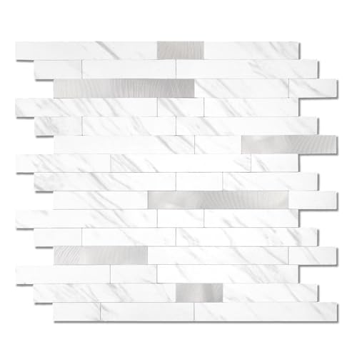 Yipscazo 10 Sheets Peel and Stick Stone Metal Tile Backsplash, Stick on Tiles for Backsplash Kitchen, Bathroom, Laundry Room, Camper, Fireplace (12'' X 12'', White Stone with Metal) - color: White Stone With Metal