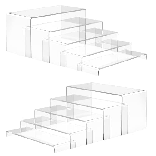 ANDGOO 10 Pack Large Acrylic Display Stands, 2 Set(10”L~11”L~12”L) Perfume Stand Organizer, Clear Cupcake Stand, Display Risers for Retail Stores Special Events Exhibitions Home Decoration - color: Clear, size: 10Pcs (10.8”L~11.2”L~11.6”L~12”L~12.4”L)