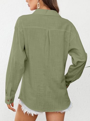 CUNLIN Women's Button Down Shirts Long Sleeve Cotton Summer Beach Wear for Women with Pocket - color: 50086_army Green, size: Small