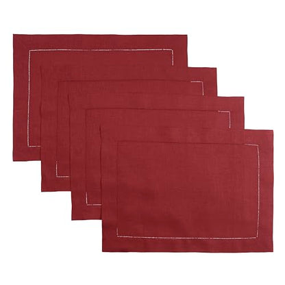 D'Moksha Homes Red Linen Placemats Set of 4 - Classic Hemstitch Placemats 14 x 19 Inch - 100% Pure Linen Table Mats for Spring - Handcrafted and Machine Washable - color: 03 - Red