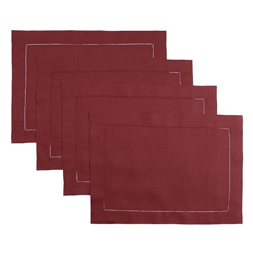 D'Moksha Homes Red Linen Placemats Set of 4 - Classic Hemstitch Placemats 14 x 19 Inch - 100% Pure Linen Table Mats for Spring - Handcrafted and Machine Washable - color: 03 - Red